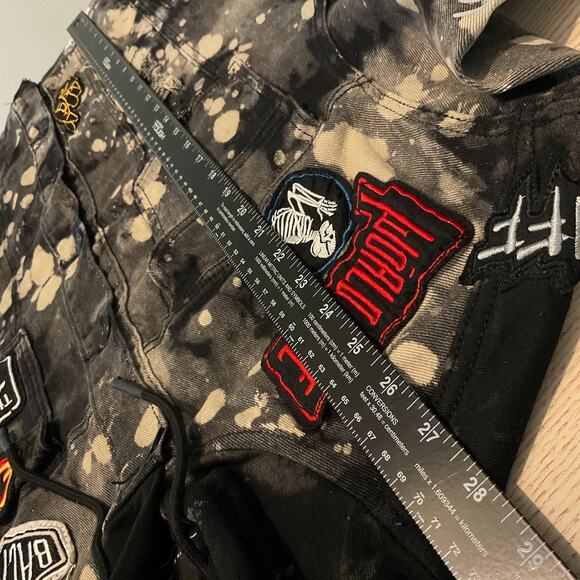 Reason NYC Moto Hooded Denim Jacket Mens XL Distressed Bleach Splatter Patches - Picture 16 of 16